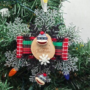 Sock Monkey Ornament Merry Christmas Gray Monkey Christmas Holiday Decor OOAK